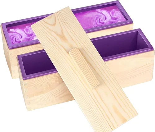 ZOENHOU 2 moldes de jabón morado de 42 onzas con 2 tapas, kit de moldes de silicona rectangulares flexibles con caja de madera, juego de