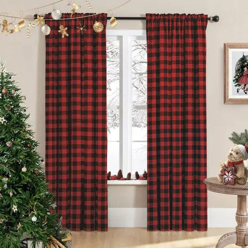 Miniatura 13 de Melodieux Buffalo - Cortinas a cuadros para sala de estar, dormitorio, estilo granja, estilo guingán, con textura de algodón, con bolsillo para Negro