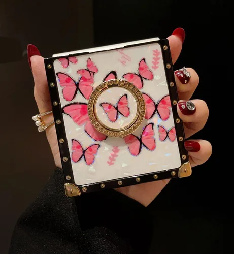 Miniatura 3 de Funda de mariposa con soporte de anillo para Galaxy Z Flip 3 para mujeres y niñas, diseño de caja cuadrada de lujo, diseño de mármol brillante