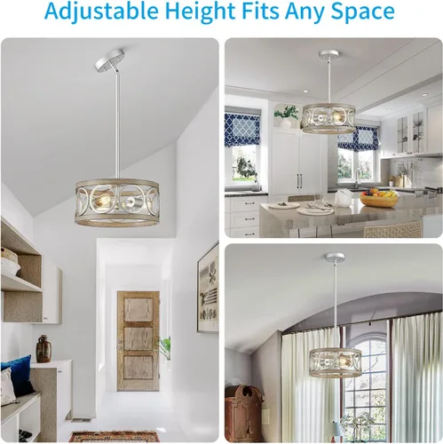 Miniatura 6 de XINGQI Lámpara de techo moderna de altura ajustable, lámpara colgante de níquel cepillado, grano de madera de metal de 13 pulgadas, luces redondas