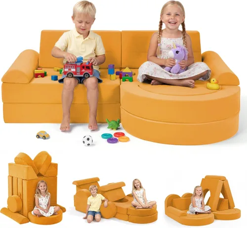 Miniatura 8 de Fvkind Sofá modular de juego para niños, 16 piezas, sofá de construcción para sala de juegos y dormitorio, sofá modular de juegos para niños y gris
