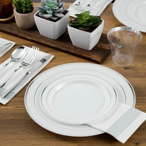 Miniatura 4 de FOCUSLINE Juego de 102 platos de plástico plateados, desechables, resistentes, 51 platos llanos y 51 platos de postre, elegante plato de plástico