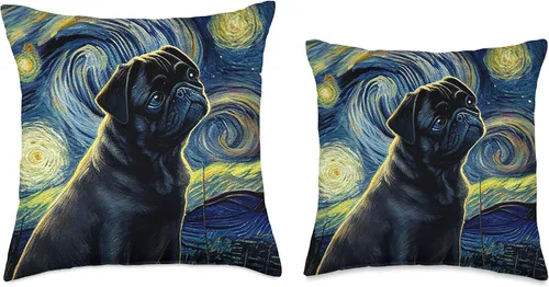 Miniatura 3 de black Pug Pet Love Fun Almohada de perro con diseño de pug negro en noche estrellada, 16 x 16 pulgadas, multicolor