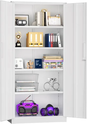 Superday Gabinetes de almacenamiento de metal, gabinete de almacenamiento de acero de 71 pulgadas con cerradura, armario alto blanco con 2 puertas y