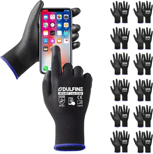 Miniatura 29 de DULFINE Guantes de trabajo de seguridad con revestimiento de poliuretano para hombres y mujeres - 12 pares, guante de punto sin costuras negro