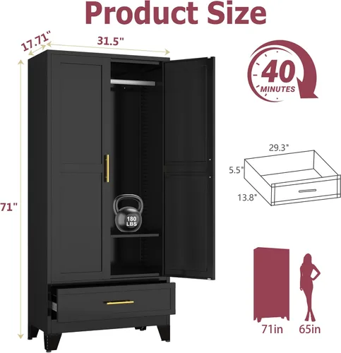 Miniatura 2 de GAIOUS Armario Ropero de Acero, Armario Guardarropa Doméstico de 71", Gabinete Guardarropa con 2 Puertas, 1 Estante Ajustable y 1 Cajón, Gabinete