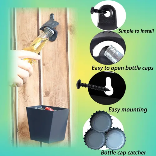 Miniatura 3 de Abrebotellas negro Abrebotellas montado en la pared con tapa colector cubo inoxidable montado para mesa de poste