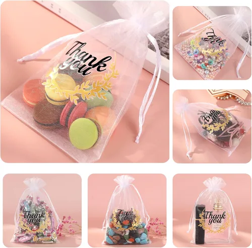 Miniatura 5 de Hopttreely Pequeñas bolsas de organza de agradecimiento, recuerdos de boda con cordón, bolsas de regalo de joyería 4X6 para fiestas, bolsas de Blanco