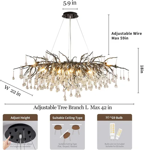Miniatura 2 de Lámpara de araña moderna de cristal en forma de gota de lluvia, lámpara lineal negra rectangular de 40' de la serie Art Deco con forma de rama