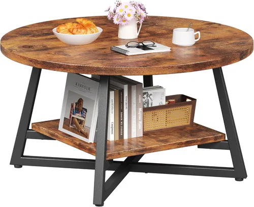 Miniatura 8 de Mesa de Café para Sala de Estar, Mesa de Café Redonda, Mesa de Café Pequeña Circular con Almacenamiento, Mesa Central Redonda Moderna de Madera
