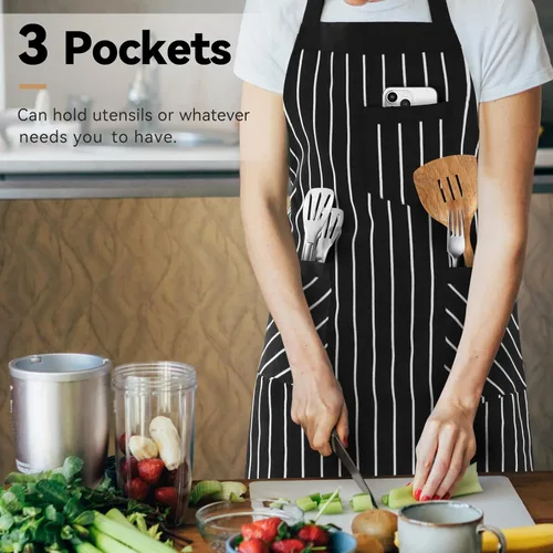 Miniatura 6 de NLUS Paquete de 2 delantales de cocina para mujeres con bolsillos, delantales de babero de cocina ajustables para mujeres, hombres, chef, rayas