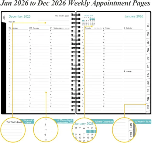 Miniatura 3 de Agenda y agenda de citas 2026 – Agenda diaria por hora 2026 de enero de 2026 a diciembre de 2026, libro de citas semanal con intervalo de 30 negro-D