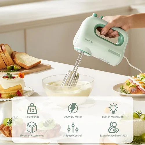 Miniatura 2 de Batidora de mano eléctrica compacta y ligera de 300W, con potente motor DC silencioso para hornear, pasteles, brownies, masa para galletas, ideal