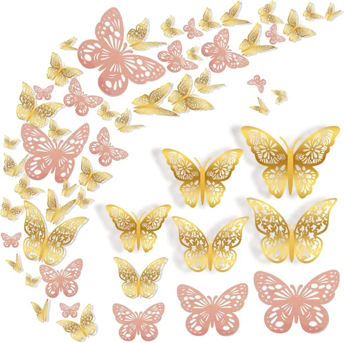 Miniatura 15 de 72 piezas de decoración de pared de mariposa, 3 estilos, 3 tamaños, mariposa 3D, mariposa dorada y oro rosa, decoraciones de boda, decoraciones