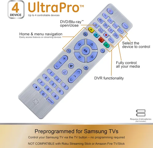 Miniatura 3 de GE Control Remoto Universal con Botones Retroiluminados, Reemplazo de Control Remoto para Samsung TV, Control Remoto Samsung para Smart TV, Plateado