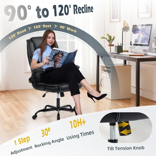 Miniatura 3 de Silla de oficina – Silla ejecutiva de cuero de escritorio de oficina con respaldo alto con función de balanceo – Ergonómica, transpirable, cómoda