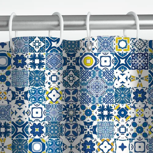 Miniatura 5 de MEHOFOND Cortina de ducha con azulejos azules y amarillos, textura retro moderna, mosaico marroquí, cortina de ducha mediterránea portuguesa