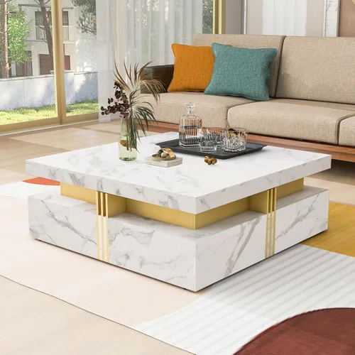 Miniatura 11 de SSLine Moderna mesa de centro cuadrada de color negro y dorado, mesa de centro de cóctel de mármol sintético de lujo con 4 cajones