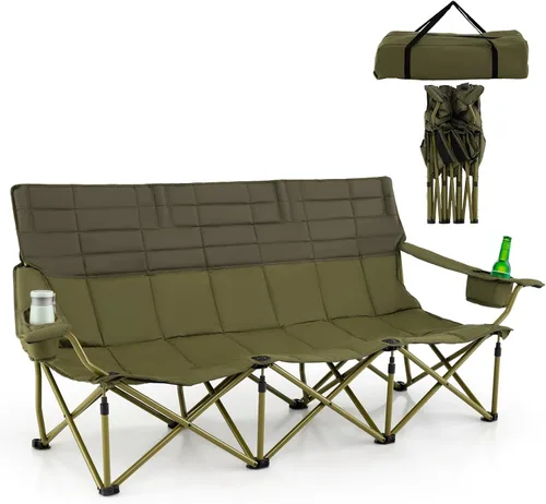 Goplus Silla de campamento para 3 personas para adultos, silla plegable de gran tamaño para exteriores baja con portavasos y acolchado grueso, silla