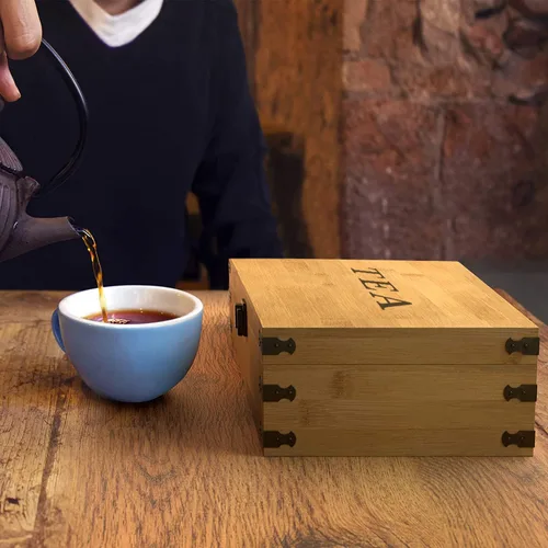 Miniatura 9 de Caja Organizadora de Té 7.4" x 8.1" x 4.2" Organizador de Madera de Bambú Cofre de Almacenamiento 4 Ranuras Altas Ajustables 100% Hecho a Mano