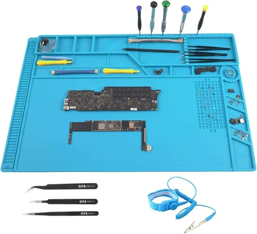 CPB S180 Kit de Alfombrilla de Soldadura Grande - Alfombrilla de Reparación de Silicona Resistente al Calor Magnética con Correa de Muñeca ESD y 3