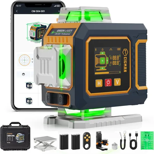 Miniatura 10 de CIGMAN Nivel láser de 4 x 360° con 16 líneas con control remoto y APP, láser de línea cruzada autonivelante verde, línea vertical/horizontal 4D