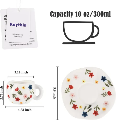 Miniatura 2 de Koythin Taza de café de cerámica, bonita taza rosa para mujer con platillo para la oficina y el hogar, apta para lavavajillas y microondas, 10