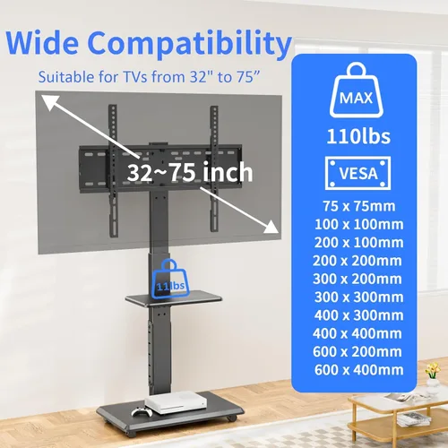 Miniatura 2 de Soporte de TV móvil con ruedas y toma de corriente, carrito de TV para televisores de 32 a 75 pulgadas hasta 110 libras, 18 alturas ajustables, Max