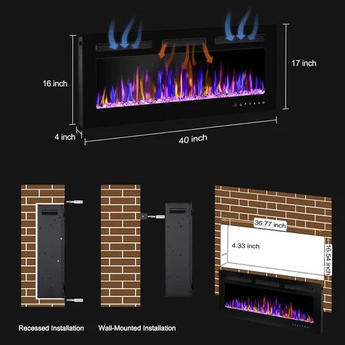 Miniatura 5 de BETELNUT Chimenea eléctrica de 40 pulgadas montada en la pared y empotrada con control remoto, calentador de chimenea de pared ultrafino de 750/1500