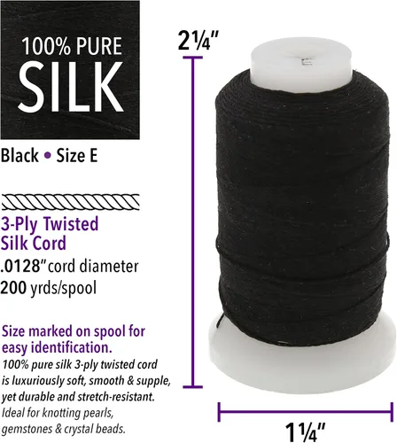 Miniatura 3 de The Beadsmith - Cordón de seda pura – negro, tamaño E (0.325 mm/0.0128”), 200 yardas (600 pies), carrete de 1/2 onza