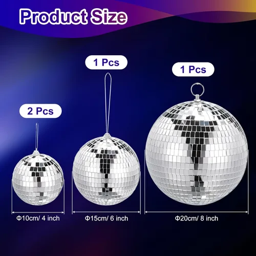 Miniatura 2 de MECCANIXITY Bola de espejo, 4, 6, 8 pulgadas, bolas de cristal para decoración de discoteca reflectantes con anillo para colgar, tono plateado