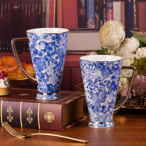 Miniatura 7 de KAMMAK Tazas de café de cerámica de 18 onzas de alto, juego de 2 tazas de té grandes con asa, tazas de té vintage, taza de capuchino para latte