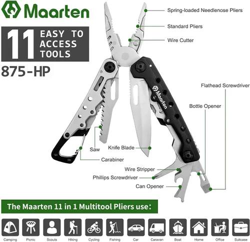 Miniatura 3 de Maarten Alicates multiherramienta ligeros, alicates múltiples de suspensión 11 en 1 con mosquetón, llavero de bolsillo portátil de acero inoxidable