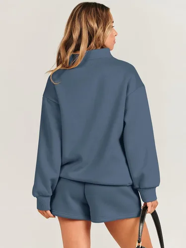 Miniatura 4 de Caracilia Conjunto deportivo de 2 piezas para mujer, sudadera de gran tamaño con media cremallera y pantalones cortos a juego para el otoño
