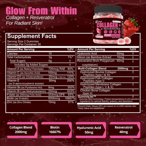 Miniatura 2 de Gomitas multicolágeno hidrolizadas tipo I, II, III, V, X Plus Resveratrol ácido hialurónico y biotina gomitas para cabello, piel y uñas, vitaminas