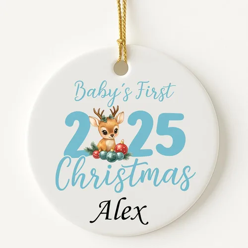 Adorno personalizado para la primera Navidad del bebé 2025, recuerdo redondo de cerámica con nombre personalizado, decoración de árbol de Navidad