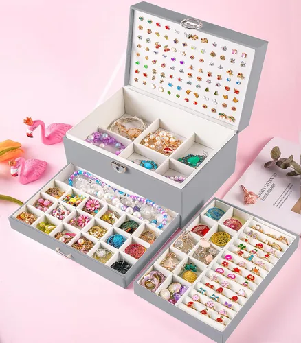Miniatura 21 de Joyero de pendientes para mujeres y niñas, organizador de aretes de 5 capas, caja organizadora de joyas blanca con candado, collares y aretes