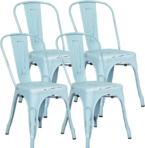 Miniatura 7 de Furniwell Juego de 4 sillas de comedor de metal para uso en interiores y exteriores, apilables, de metal industrial, para cocina, comedor, bistró
