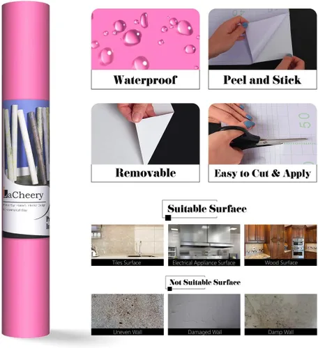 Miniatura 7 de LACHEERY Papel adhesivo rosa de 12 x 160 pulgadas, papel tapiz texturizado sólido para pegar y despegar, papel de pared rosa, papel tapiz