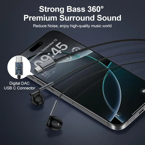 Miniatura 5 de Auriculares con cable USB C para Samsung Galaxy S26 Ultra/S25 FE/S24/S23/S22/S21/A17/A56/A36, auriculares con cable para iPhone 17/16/15 Pro/Pro