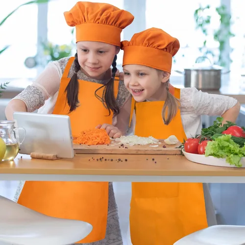 Miniatura 7 de Conjunto de Delantal y Gorro de Chef para Niños, Delantal Infantil Ajustable con 2 Bolsillos, para Niños Chef y Pintura, Cocinar, Hornear Orongecolor