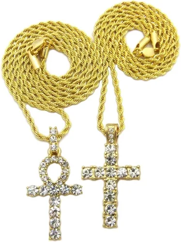 Juego de collares de cadena doradas con colgantes con brillos de cruz ansada egipcia y cruz de 60.9cm, 76.2cm, estilo hip hop, para hombre