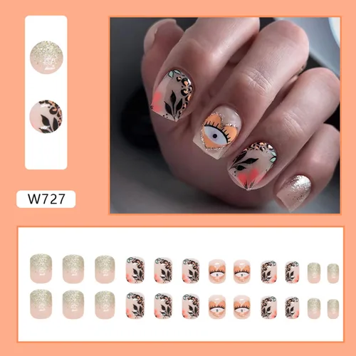 Miniatura 2 de Uñas postizas a presión degradadas con purpurina de longitud corta, uñas postizas en forma de ataúd con diseño de hojas de corazón, 24 uñas postizas