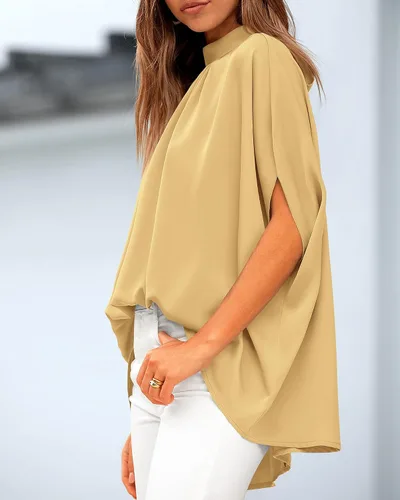 Miniatura 108 de BTFBM Blusas de verano para mujer, cuello alto falso, manga murciélago, holgadas, dobladillo alto y bajo, blusas informales de gran