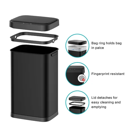 Miniatura 3 de Cubo de basura de acero inoxidable con sensor sin contacto de 13 galones, diseño rectangular ancho, acabado cepillado, tapa automática para el Negro