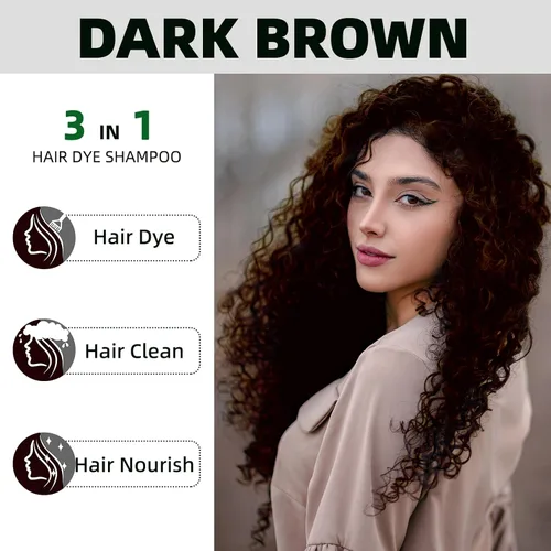 Miniatura 5 de Champú de tinte para el cabello marrón oscuro 3 en 1 para cobertura de canas para mujeres/hombres, champú de color instantáneo ingredientes herbales
