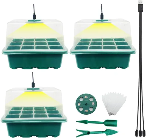 Miniatura 8 de Kit de bandeja de inicio de semillas, paquete de 3 bandejas de cultivo de plantas con cúpula de humedad y base, etiquetas y kit de herramientas