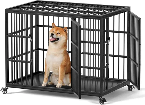 Miniatura 12 de VERIFURTY Jaula resistente de 42 pulgadas para perros grandes y medianos con pestillo de autobloqueo, perrera de acero a prueba de fugas