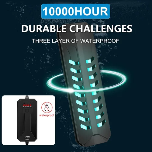 Miniatura 6 de TAISHAN Luz limpia para acuario, luz sumergible de 15 W con temporizador, doble tubo para acuario de agua, verde, transparente, impermeable, lámpara