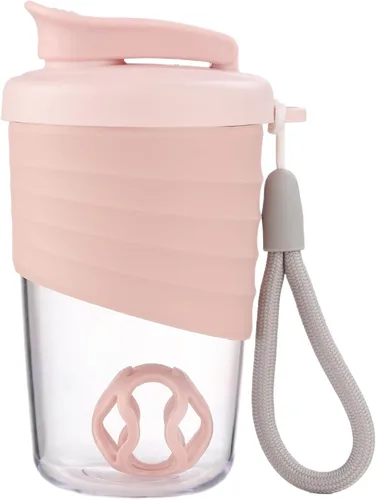 Botella mezcladora de proteínas, rosa, 14 onzas, a prueba de fugas, con agarre de silicona antideslizante, bola mezcladora, correa de nailon